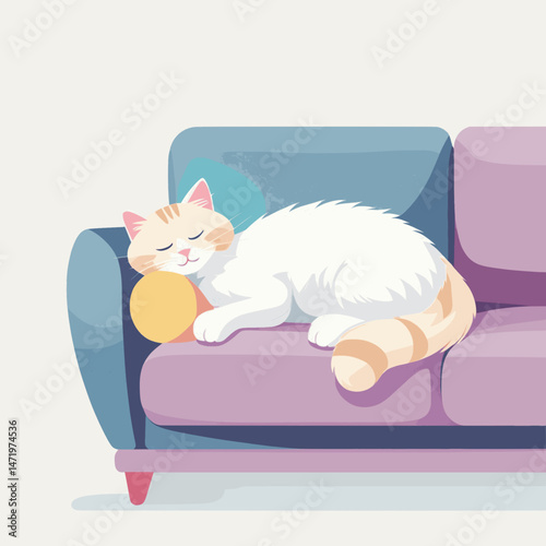 Cute Cat Sleeping Peacefully on a Pastel Couch with Copy Space.
