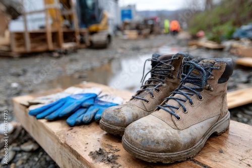A close-up of dirty work boots and gloves on a wooden board, showcasing the hard work and challenges faced in construction or manual labor environments.