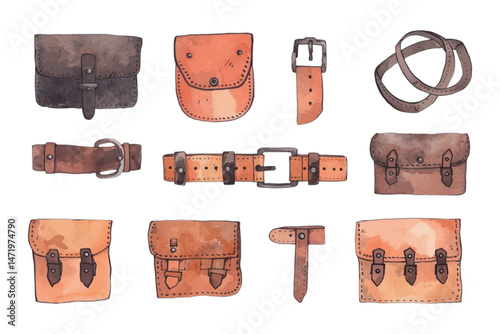 Vintage Leather Goods Collection, Hand drawn watercolor illustration of leather bags and belts.