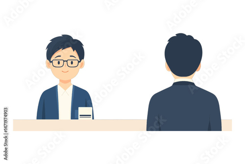 Businessman at Reception Desk, Front and back view of a friendly businessman at a reception desk.