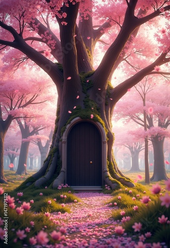 Enchanting Cherry Blossom Tree Doorway: A magical portal nestled within the ancient roots of a blossoming tree, surrounded by a pink floral forest, beckoning exploration