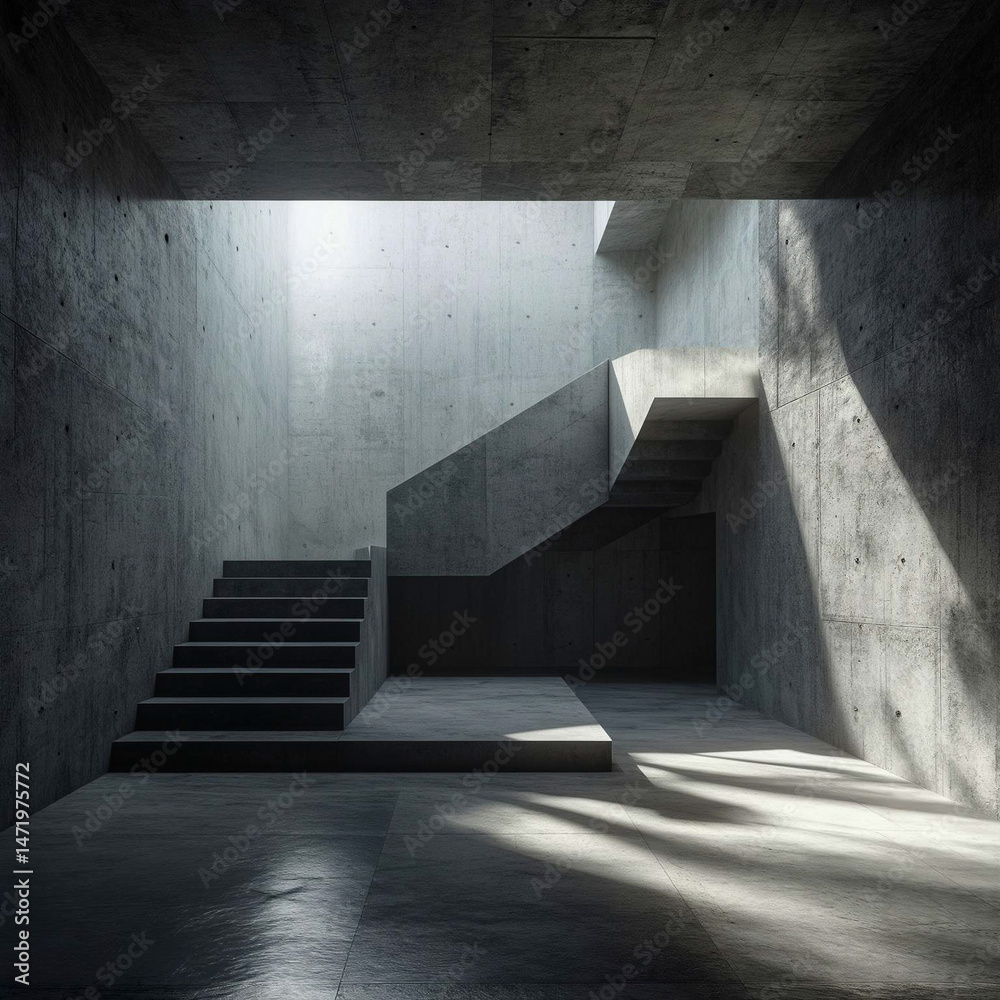 Obraz premium 無機質な雰囲気のある階段に光が差し込むイメージ