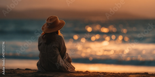 peaceful scene of woman sitting quietly by ocean during sunset, reflecting on beauty of nature and calming waves. warm colors create serene atmosphere