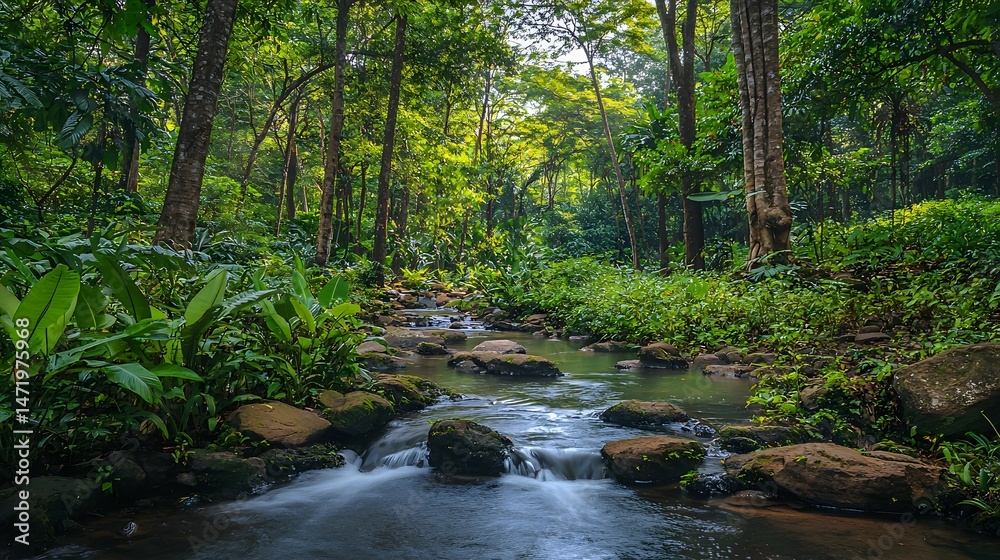 Fototapeta premium Lush jungle with greenery and water in tropical rainforest