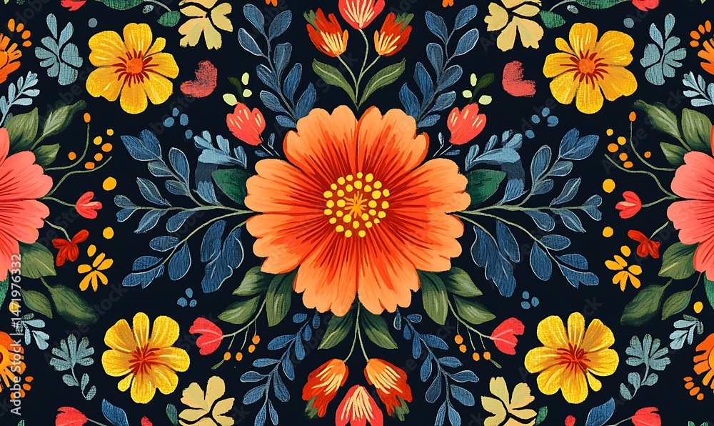 A beautiful hand painted floral pattern with vibrant colors and detail