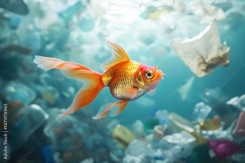 Goldfish swims through plastic waste symbolizing marine pollution Goldfish swims through plastic waste symbolizing marine pollution