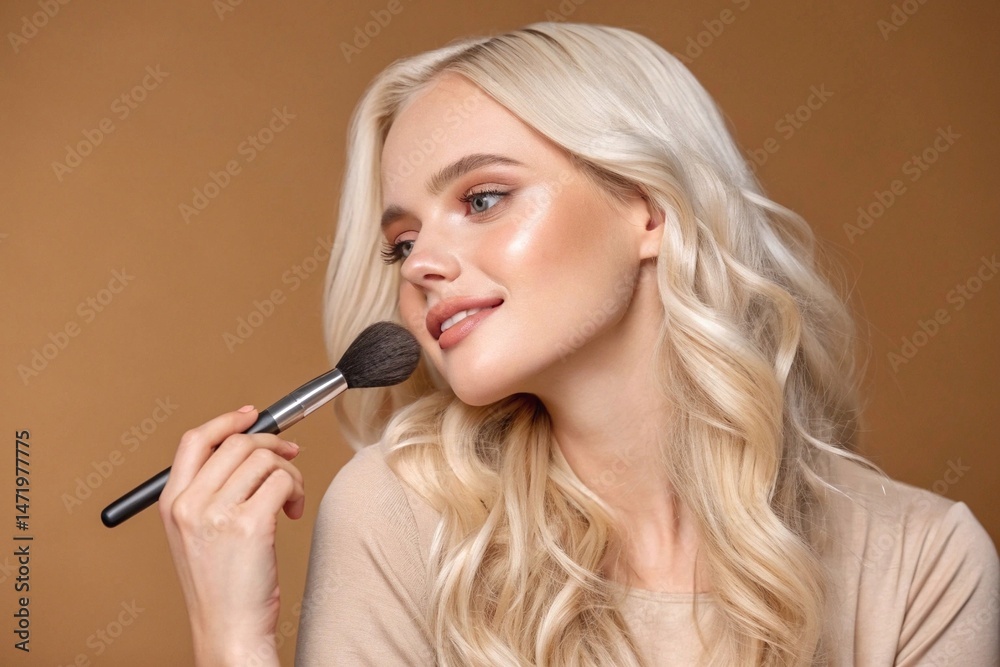 Fototapeta premium Blonde Woman Applying Makeup with Brush Young blonde woman with long wavy hair smiling while using a makeup brush on her cheek, against a warm brown background.