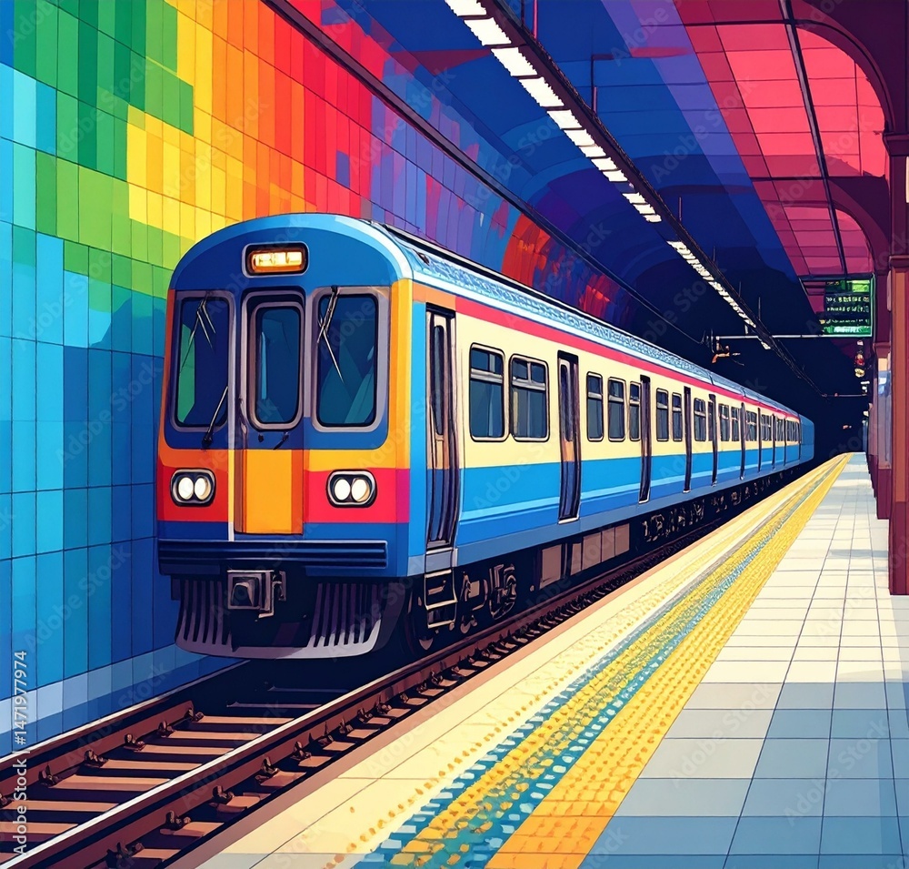 Fototapeta premium Vibrant Colorful Train Arriving at a Modern Subway Station Platform with Rainbow Wall