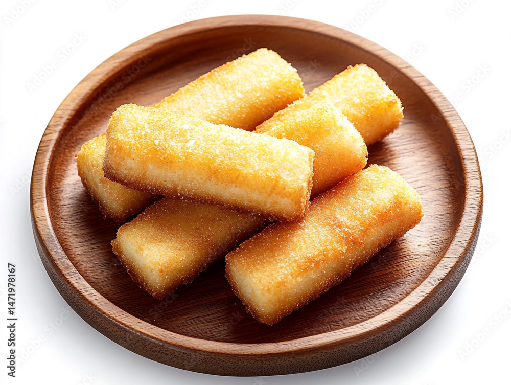 Crispy Fried Breadsticks on Wooden Plate Golden Brown Snack Food Delicious Treat Crispy Fried Breadsticks on Wooden Plate Golden Brown Snack Food Delicious Treat
