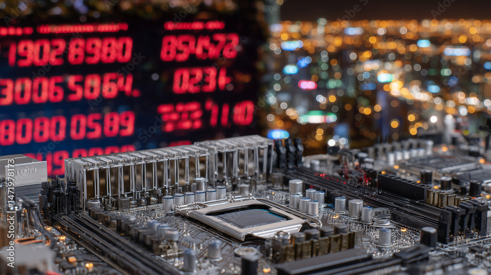 Obraz premium Close-up on a cryptocurrency mining motherboard, its processors glowing red from load, blockchain hash code sequences displayed on a nearby digital panel