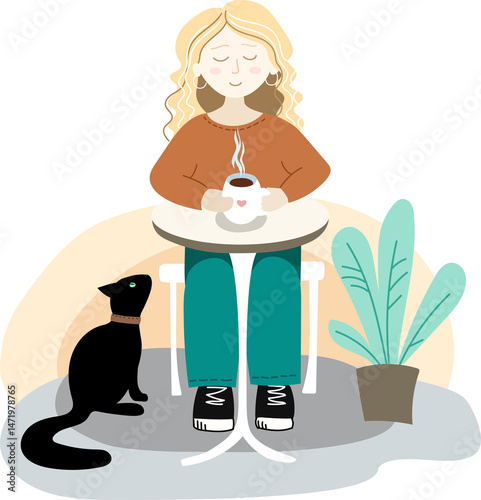 A woman with a cup of coffee is resting at a table. A black cat is sitting under the table.