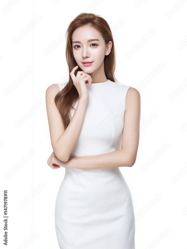 Young Asian woman in a white sleeveless dress standing against a white background, elegantly posing with a soft smile. Generative by AI