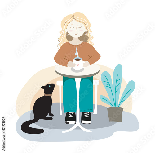 A woman with a cup of coffee is resting at a table. A black cat is sitting under the table