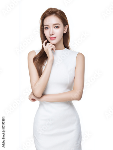 Obraz na płótnie Young Asian woman in a white sleeveless dress standing against a white background, elegantly posing with a soft smile. Generative by AI w salonie
