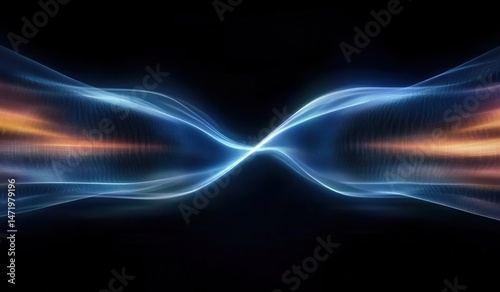Abstract Wavy Lines with Glowing Dots in Blue and Gold Light Against Dark Background