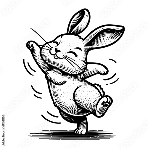 Rabbit dancing sketch engraving black and white outline. Scratch board imitation.  illustrated in vintage line art style on a white background.
