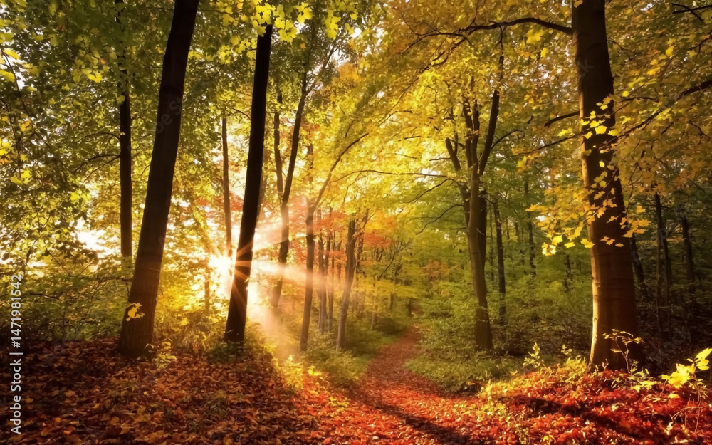 Obraz premium A serene autumn forest path photograph with golden sunlight streaming through tall deciduous trees