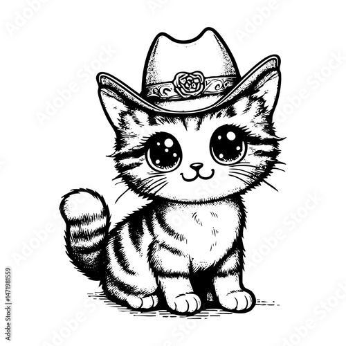 Cute cat wear cowboy hat sketch engraving black and white outline. Scratch board imitation.  illustrated in vintage line art style on a white background.