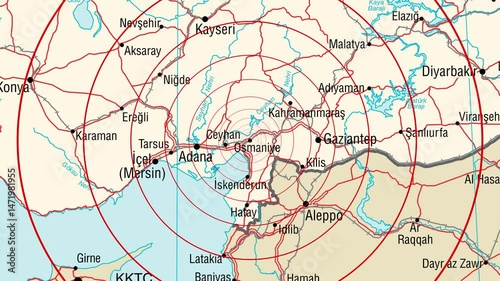 Expanding red circles show the range of an earthquake wave from Osmaniye, Turkey