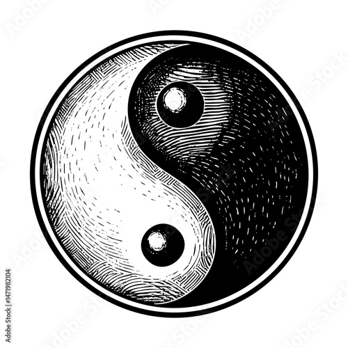 Yin and yang sketch engraving black and white outline. Scratch board imitation.  illustrated in vintage line art style on a white background.C5136