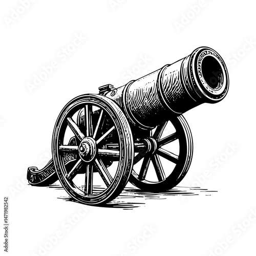 Cannon engraving black and white outline. Scratch board imitation. illustrated in vintage line art style on a white background.