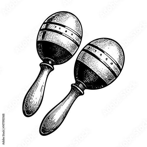 A pair of maracas sketch engraving black and white outline. Scratch board imitation.  illustrated in vintage line art style on a white background.