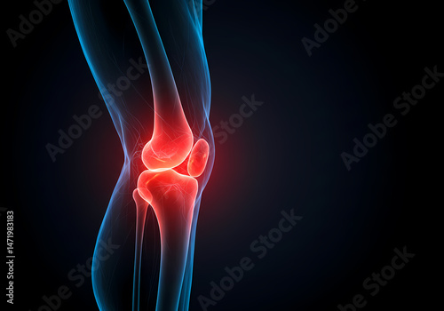 A detailed 3D model of the human knee joint illustrating the structures with highlighted features for educational use