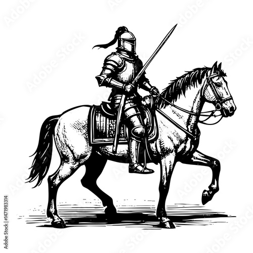 Knight armor engraving black and white outline. Scratch board imitation.  illustrated in vintage line art style on a white background.
