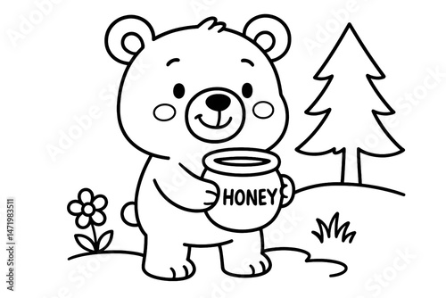 Cute Bear with Honey Pot Coloring Page for Kids – Printable on Standard Paper