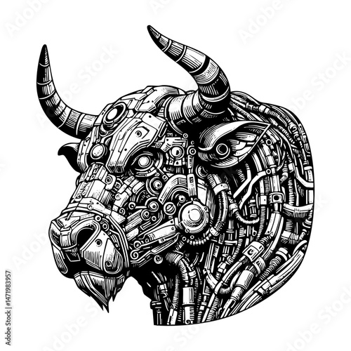 cybernetic bull with mechanical components, gears, and futuristic robotic details in steampunk style sketch engraving black and white outline. Scratch board imitation.