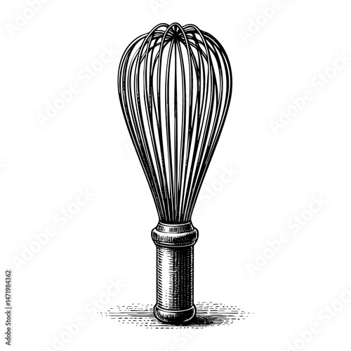 Whisk sketch engraving black and white outline. Scratch board imitation.