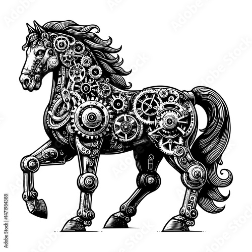 cybernetic horse with mechanical components, gears, and futuristic robotic details in steampunk style sketch engraving black and white outline. Scratch board imitation.