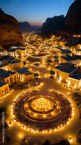 Aerial view of a beautifully lit desert town at sunset.
