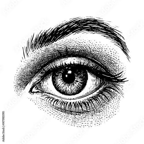 Human eye engraving black and white outline. Scratch board imitation.
