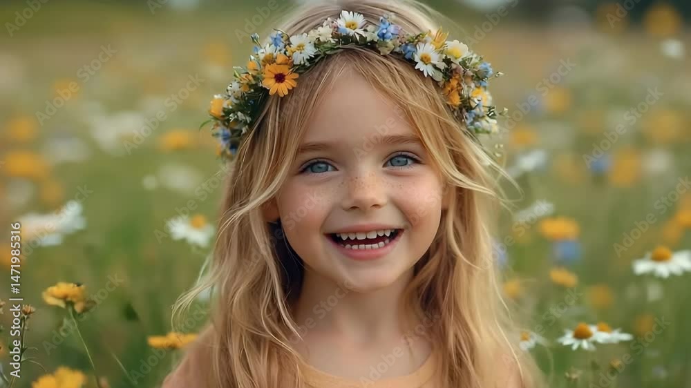 A happy girl in a flower crown standing in a meadow of wildflowers A happy girl in a flower crown standing in a meadow of wildflowers