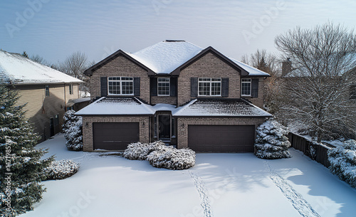 Snow Covered Two Story Brick Home  Winter Landscape  Suburban House  Real Estate