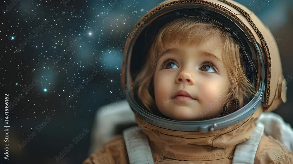 A child dressed as an astronaut gazes up at the starry sky in wonder