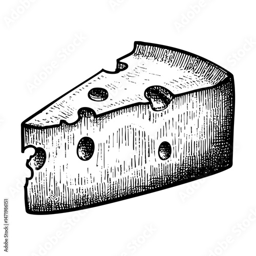 Slice of cheese engraving black and white outline. Scratch board imitation.  illustrated in vintage line art style on a white background.