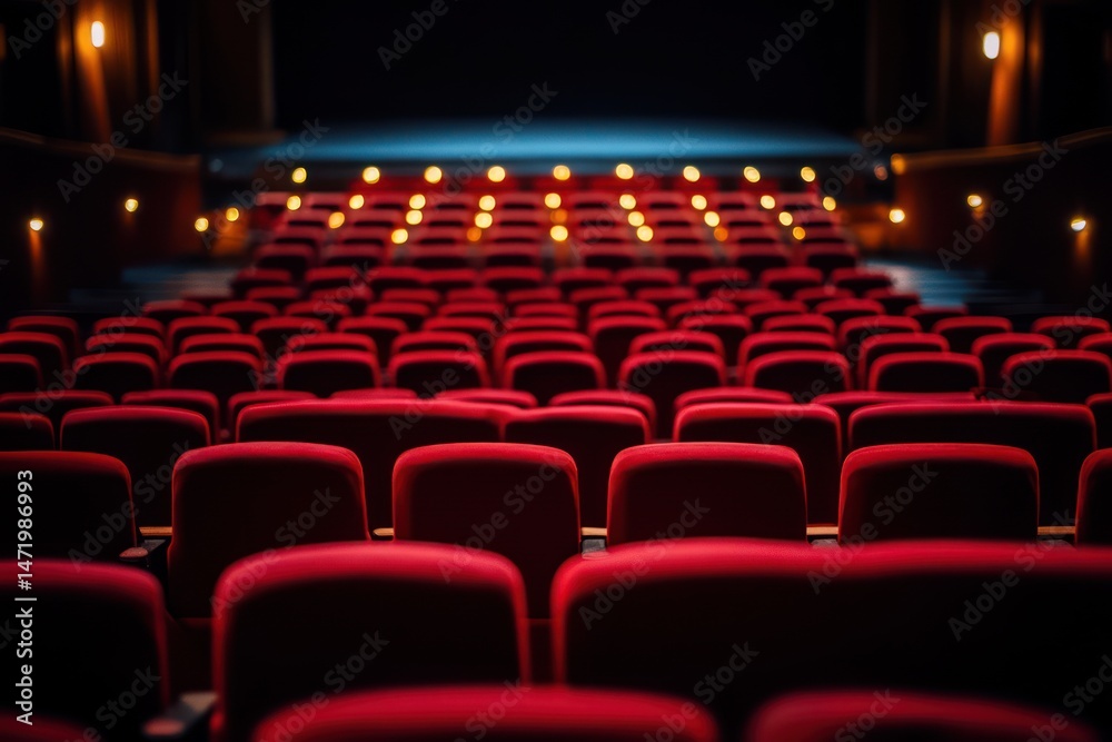 Fototapeta premium Empty theater interior with warm light and red chairs