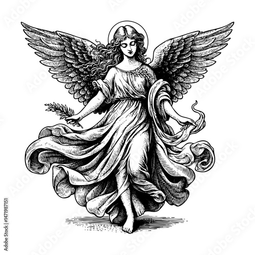 flying angel engraving black and white outline. Scratch board imitation.