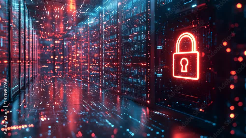 Secure digital fortress Glowing data streams and a holographic lock in a high tech server room