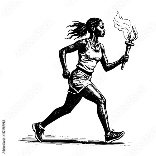African woman run holding torch sketch engraving black and white outline. Scratch board imitation.  illustrated in vintage line art style on a white background.