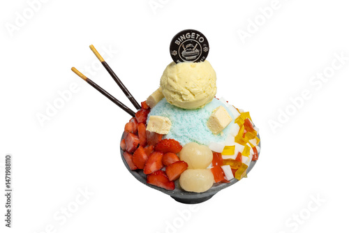 A colorful bingsu dessert with a scoop of ice cream, topped with fruit and other sweet toppings, and served in a bowl.