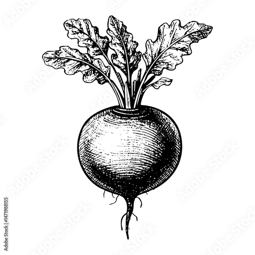 Beets engraving black and white outline. Scratch board imitation.  illustrated in vintage line art style on a white background.