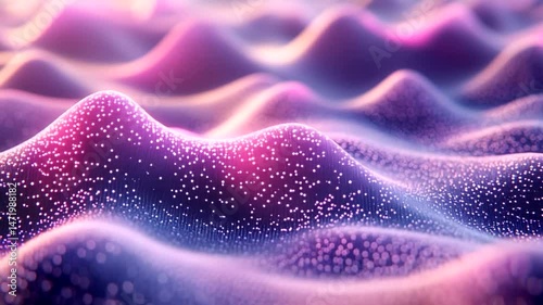 Soft, glowing, undulating hills in pink and purple, dotted with luminous, sparkling particles across their peaks and valleys