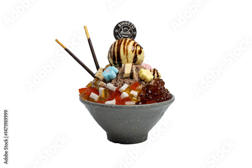 A colorful bingsu dessert with a scoop of ice cream, topped with fruit and other sweet toppings, and served in a bowl.