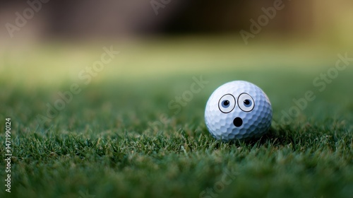 Surprised golf ball resting on a grassy field.
