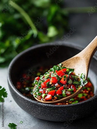 Black bowl with a wooden spoon in it. the bowl is filled with a colorful mixture of chopped vegetables, including red bell peppers, green herbs, and black sesame seeds.