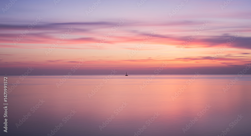 Fototapeta premium Serene Sunset Sail: A Pastel Symphony of Sky and Sea with Lonely Boat Silhouette for Peace & Travel Vibes.