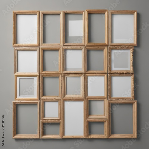 Photo collage frame mockup; grid of various shaped frames, pattern, texture, template